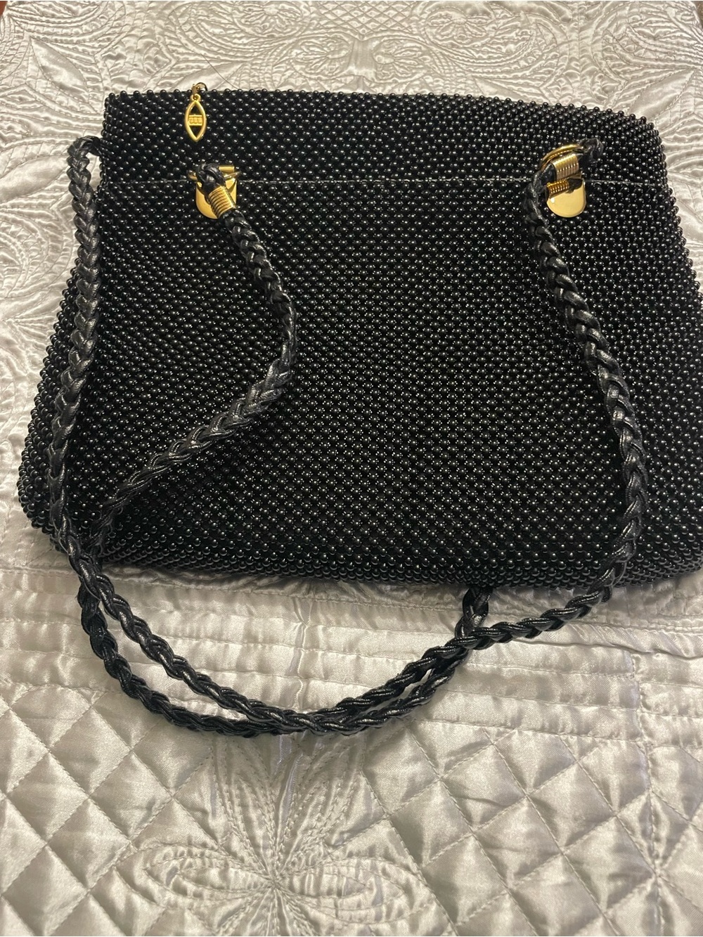 Black Beaded Shoulder Bag with Gold Accents